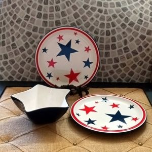HAND-PAINTED IRONSTONE EXCLUSIVELY FOR Pier 1 STAR RED/WHITE/💙 Plate & Bowl Set